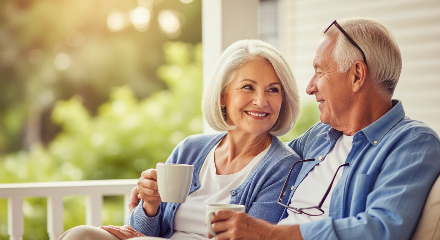 Happy retired couple enjoying morning coffee - Medicare Made 123Easy
