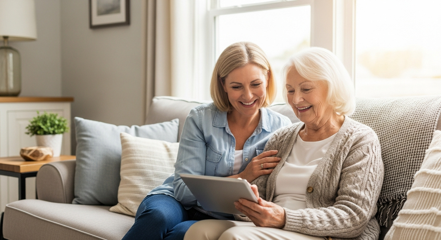 Daughter helping elderly mother with Medicare
