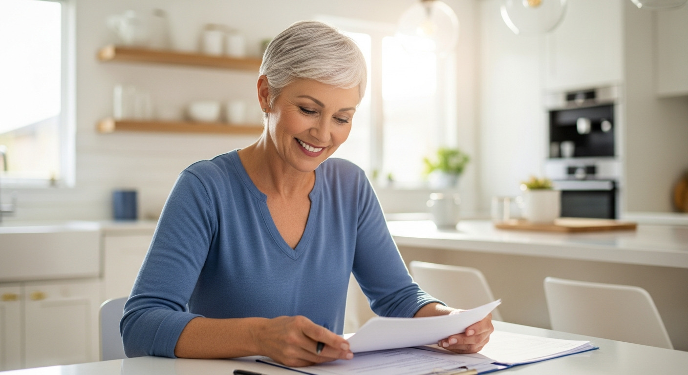 Woman reviewing Medicare paperwork at home